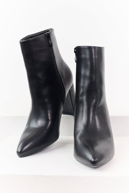 Black Faux Leather Pointed Toe Block Heel Booties