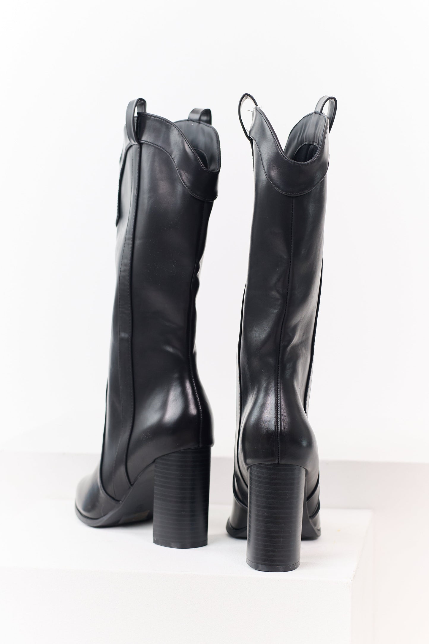Black Faux Leather Western Block Heel Tall Boots