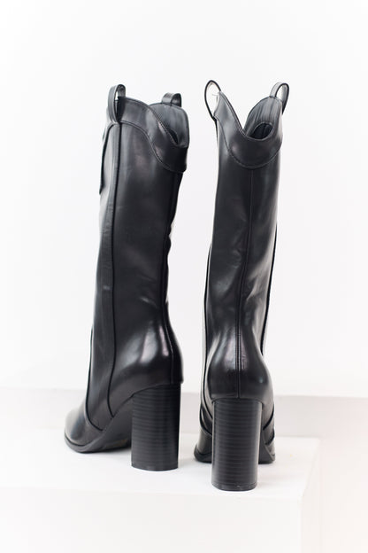 Black Faux Leather Western Block Heel Tall Boots