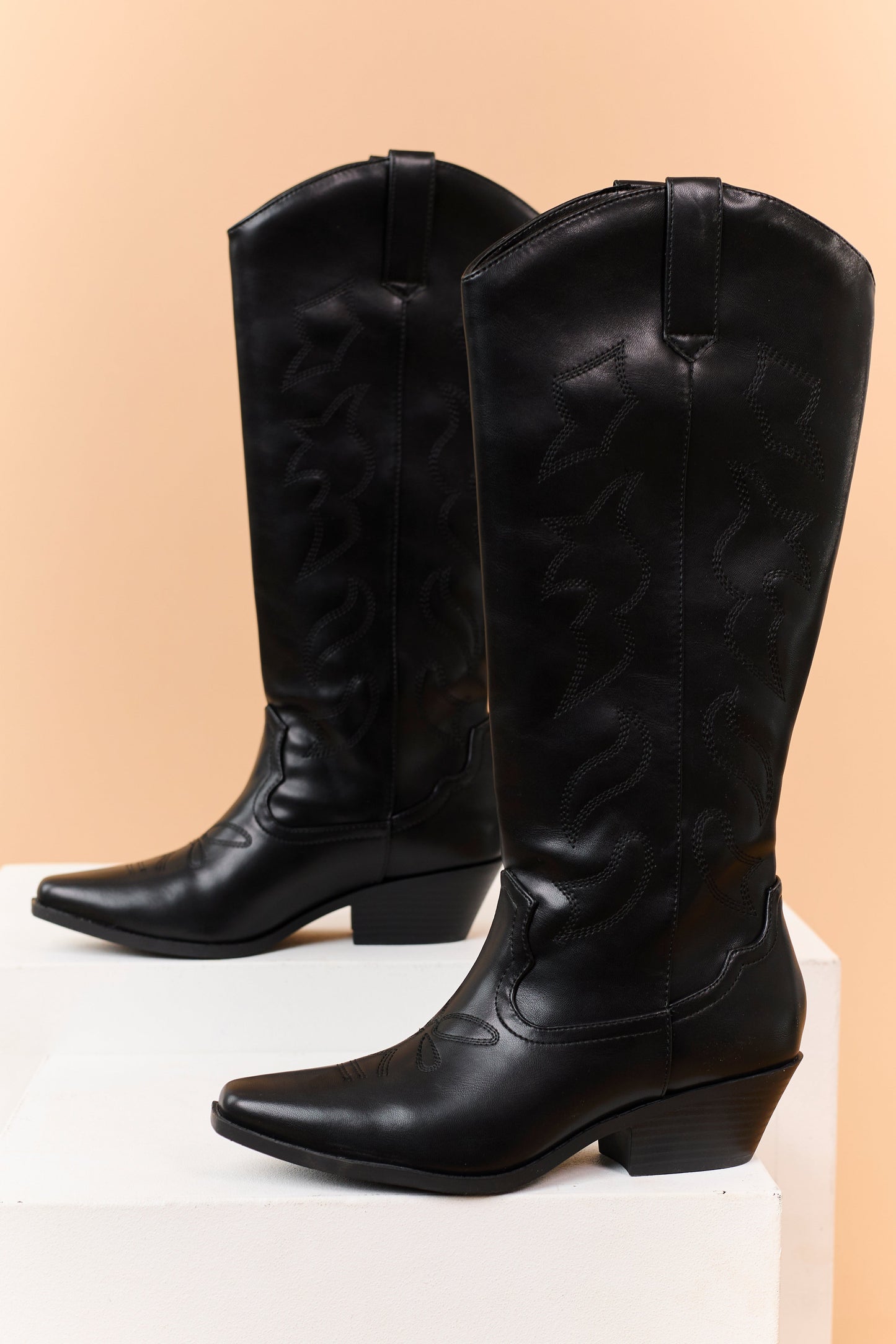 Black Faux Leather Western Embroidered Tall Boots