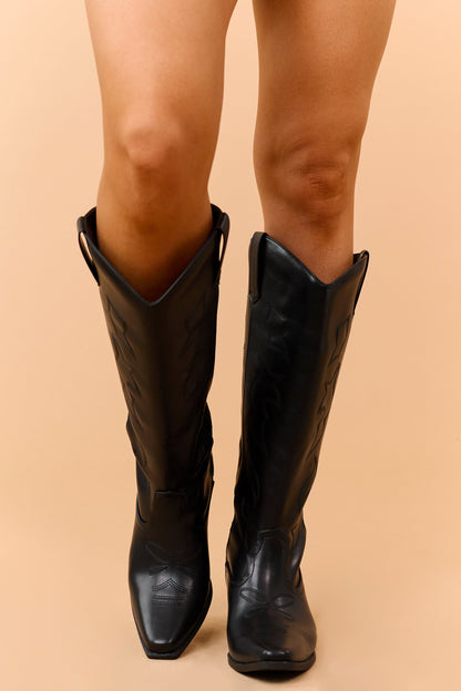 Black Faux Leather Western Embroidered Tall Boots