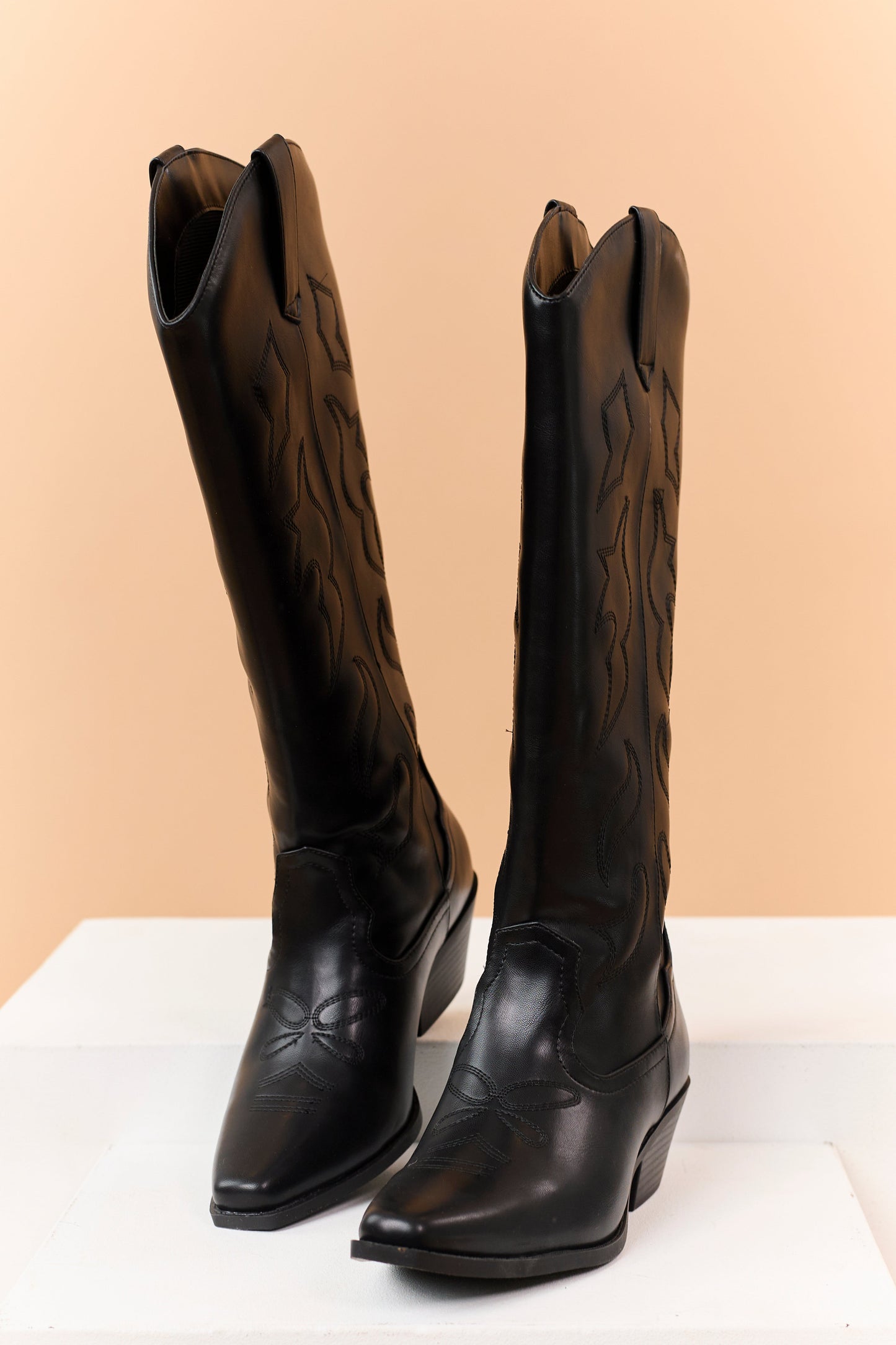 Black Faux Leather Western Embroidered Tall Boots