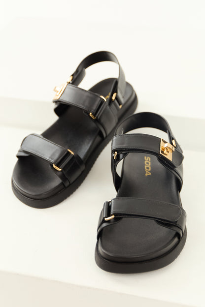 Black Pleather Open Toed Velcro Strap Sandals