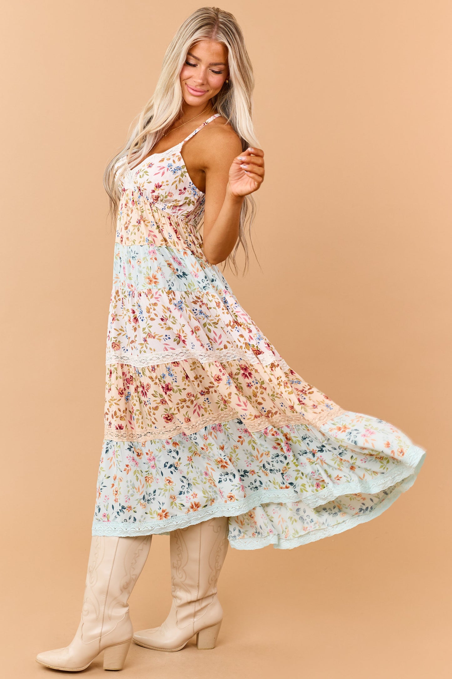 Blush Colorblock Floral Tiered Lace Maxi Dress