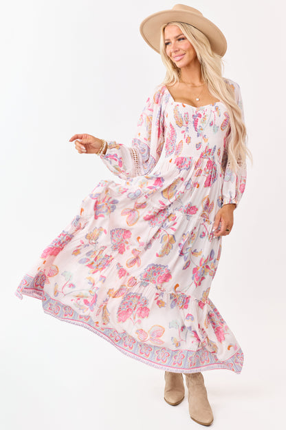 Blush Floral Print Long Sleeve Tiered Maxi Dress
