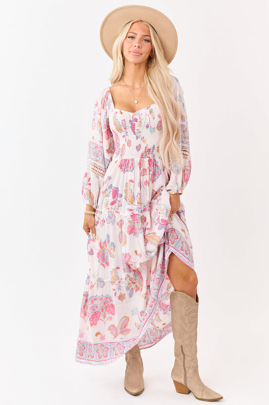 Blush Floral Print Long Sleeve Tiered Maxi Dress