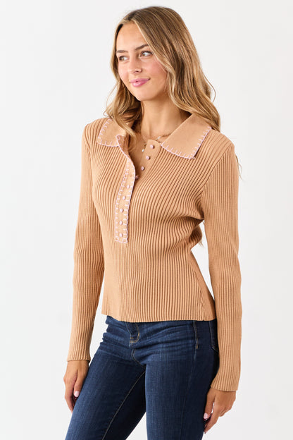 Brown Sugar Contrast Blanket Stitch Buttoned Sweater Top