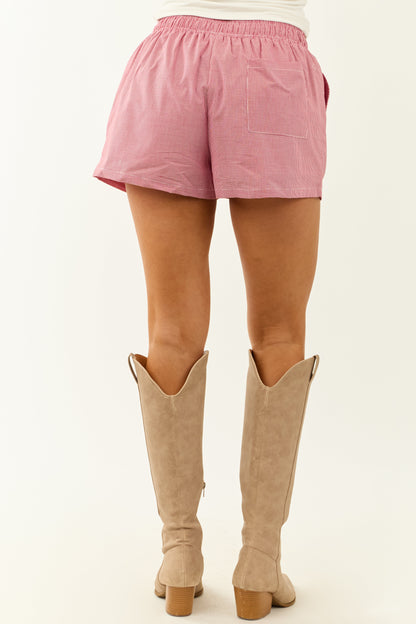 Burgundy and Ivory Gingham Waist Tie Cotton Shorts