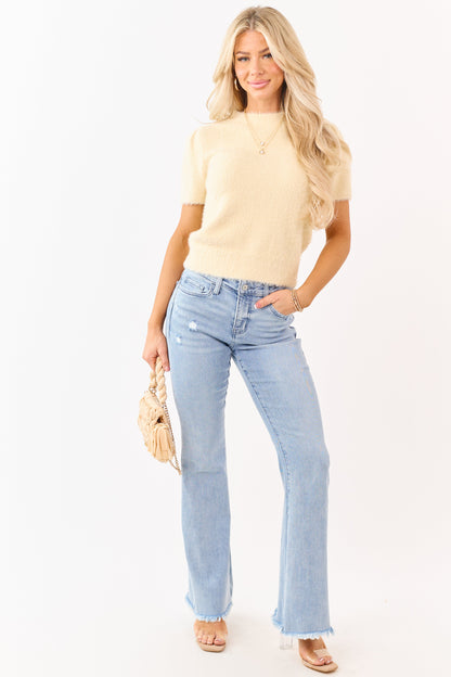 Buttercream Short Sleeve Fuzzy Eyelash Knit Sweater Top