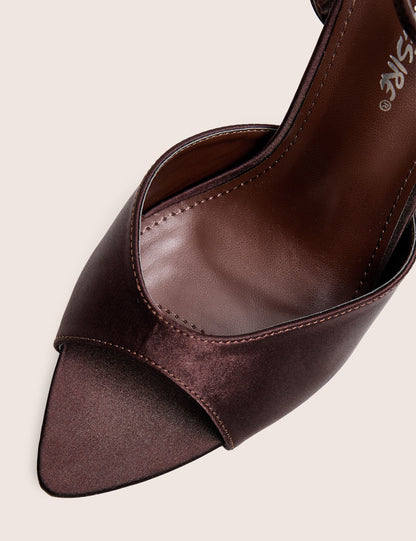 Caught On Chocolate Satin Peep Toe Curved High Heels
