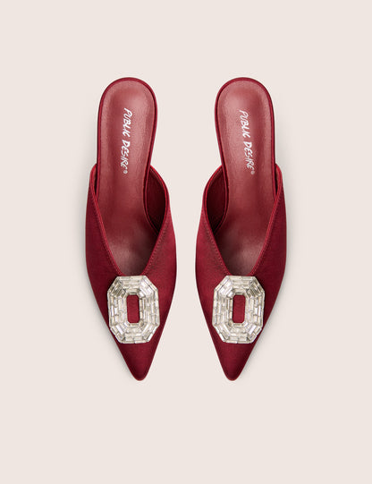 Classique Burgundy Broach Embellishment Mid Heels Mule