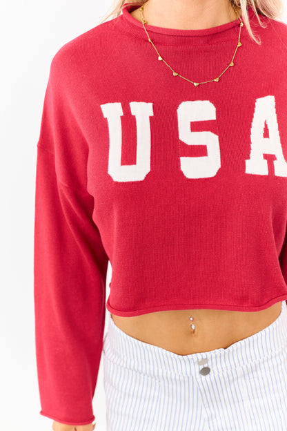 Candy Apple Red 'USA' Cropped Long Sleeve Sweater