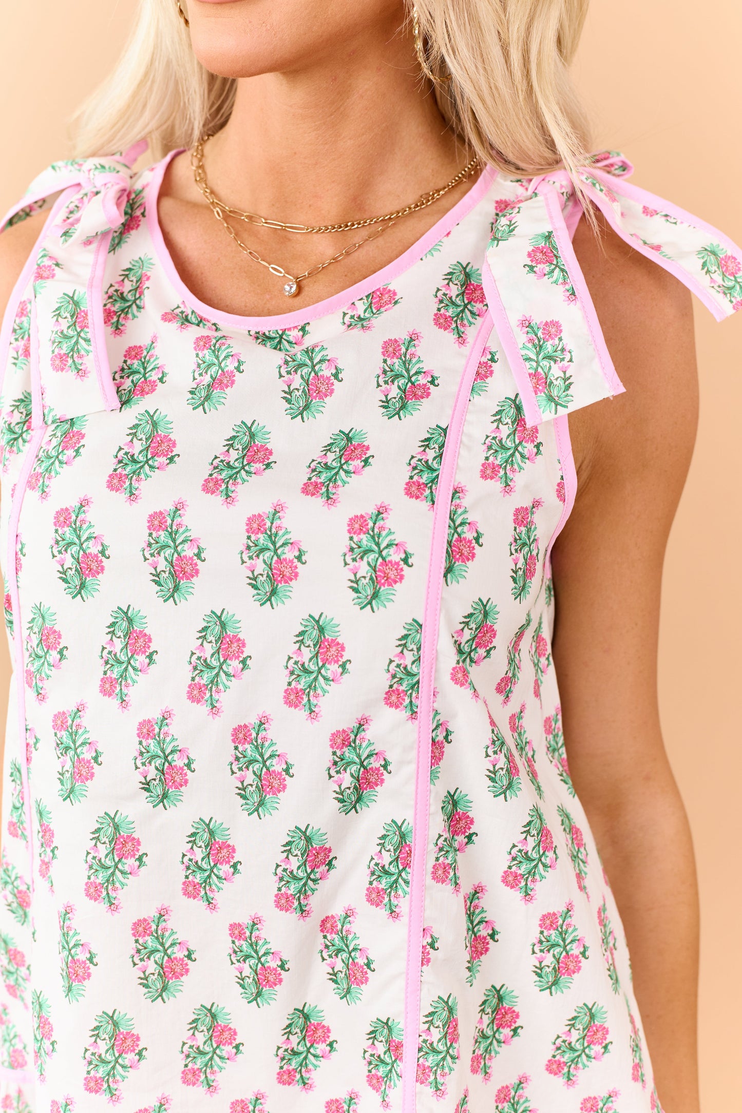 Carnation Floral Print Tie Strap Cotton Mini Dress