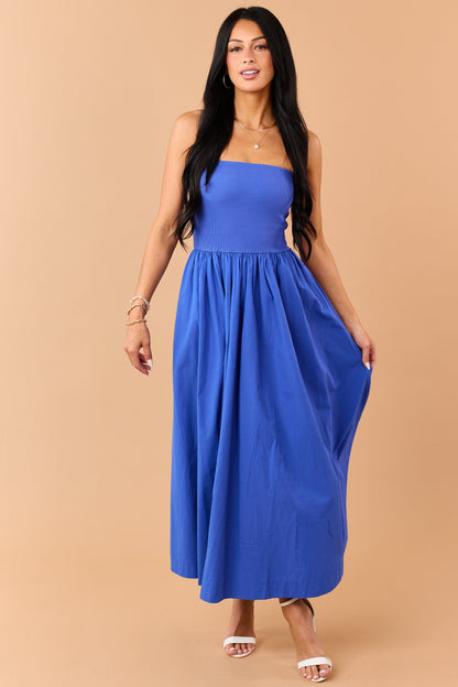 Cobalt Strapless Knit Contrast Cotton Maxi Dress