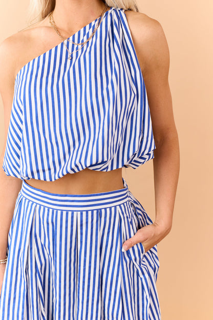 Cobalt and Off White Striped One Shoulder Cotton Top