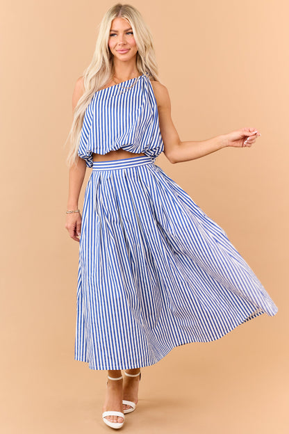 Cobalt and Off White Striped One Shoulder Cotton Top