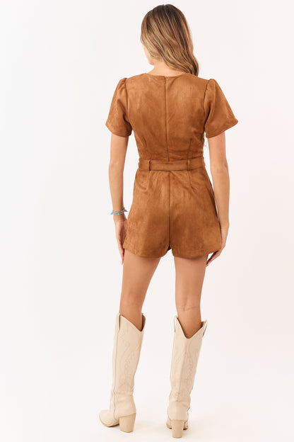 Cognac Faux Suede Belted Short Sleeve Romper