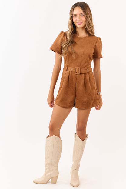 Cognac Faux Suede Belted Short Sleeve Romper