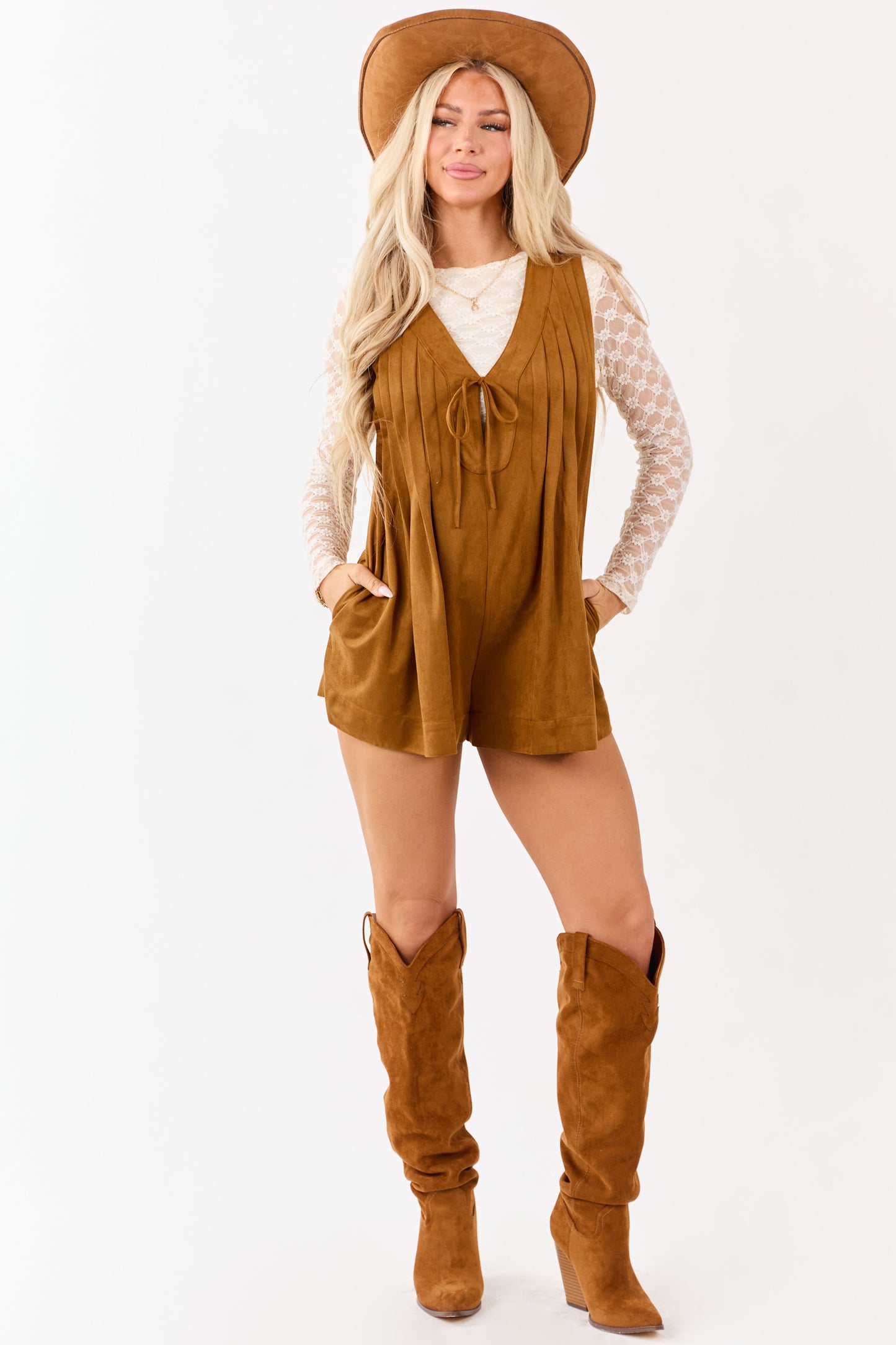 Copper Faux Suede Pintuck Deep V Front Tie Romper