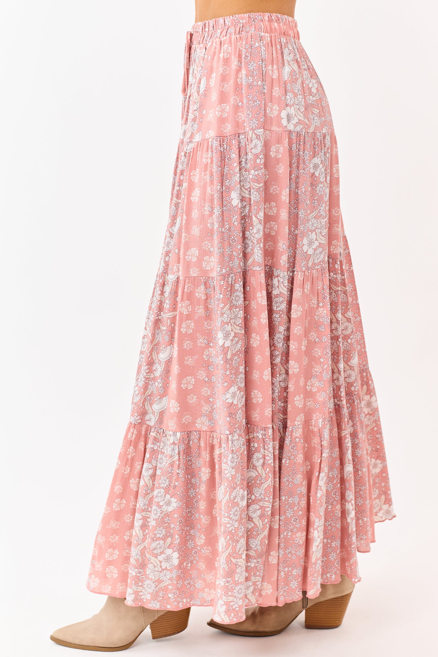 Coral Floral Print Elastic Waist Tiered Maxi Skirt