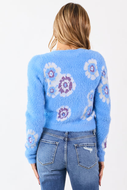 Cornflower Eyelash Knit Floral Pattern Sweater