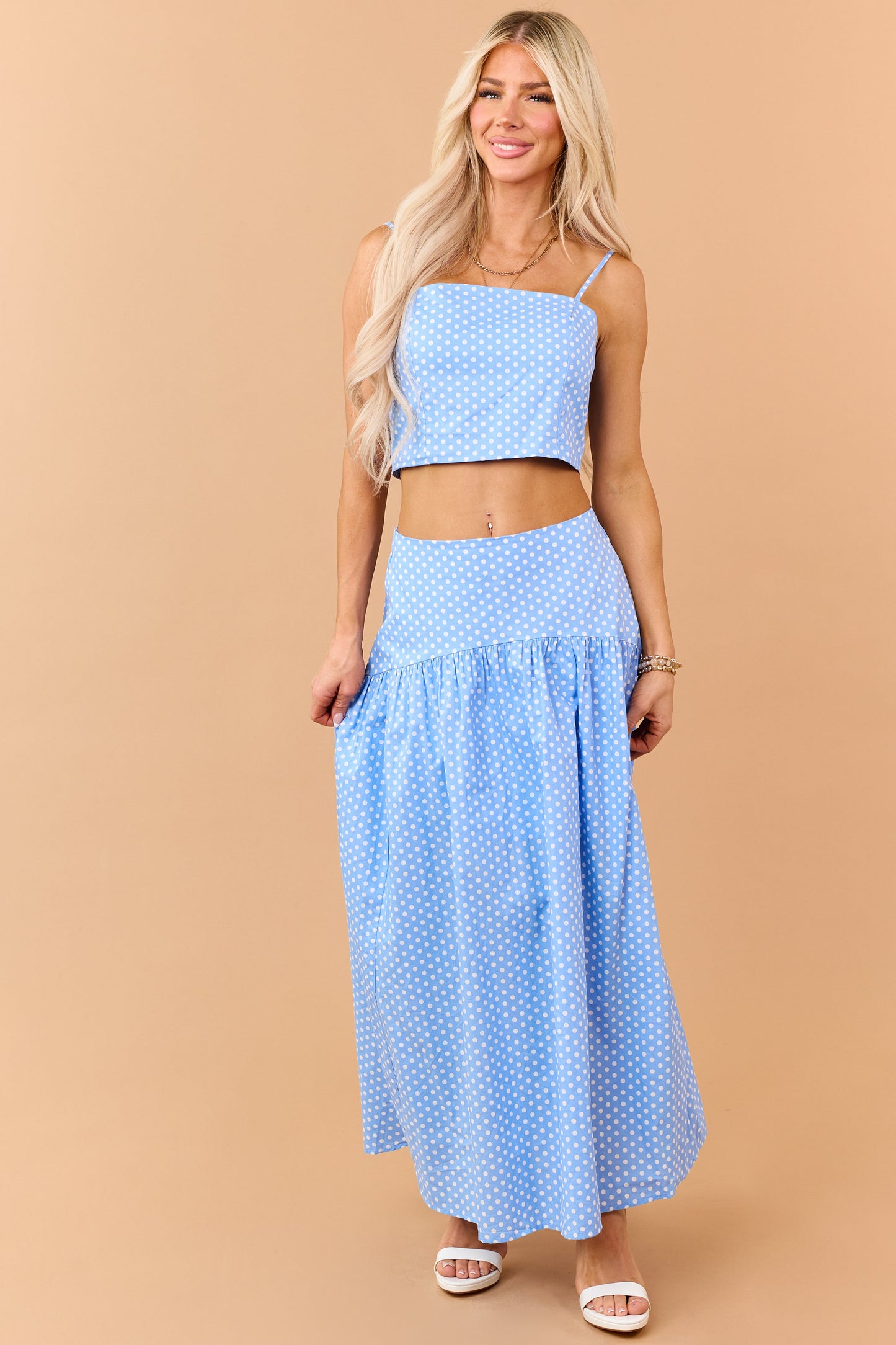 Cornflower and White Polka Dot Cotton Crop Cami Top