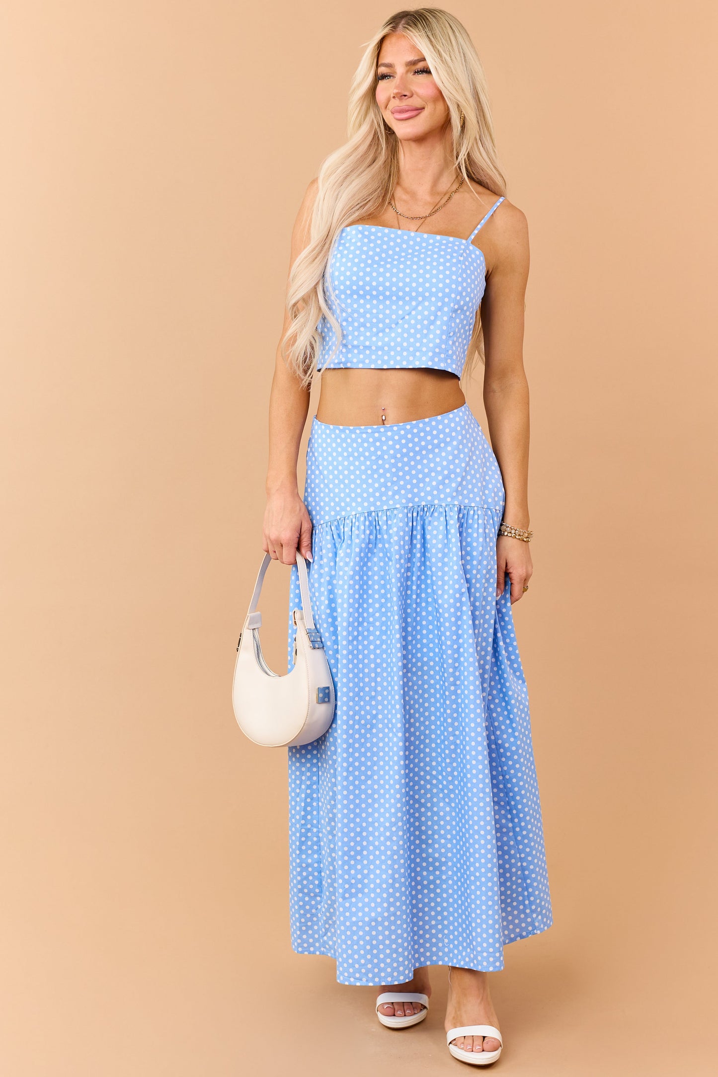Cornflower and White Polka Dot Cotton Crop Cami Top