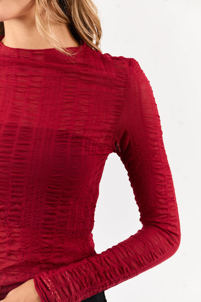 Cranberry Sheer Mesh Textured Long Sleeve Top