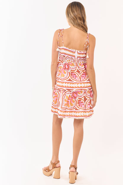 Cream Abstract Floral Babydoll Lace Trim Mini Dress