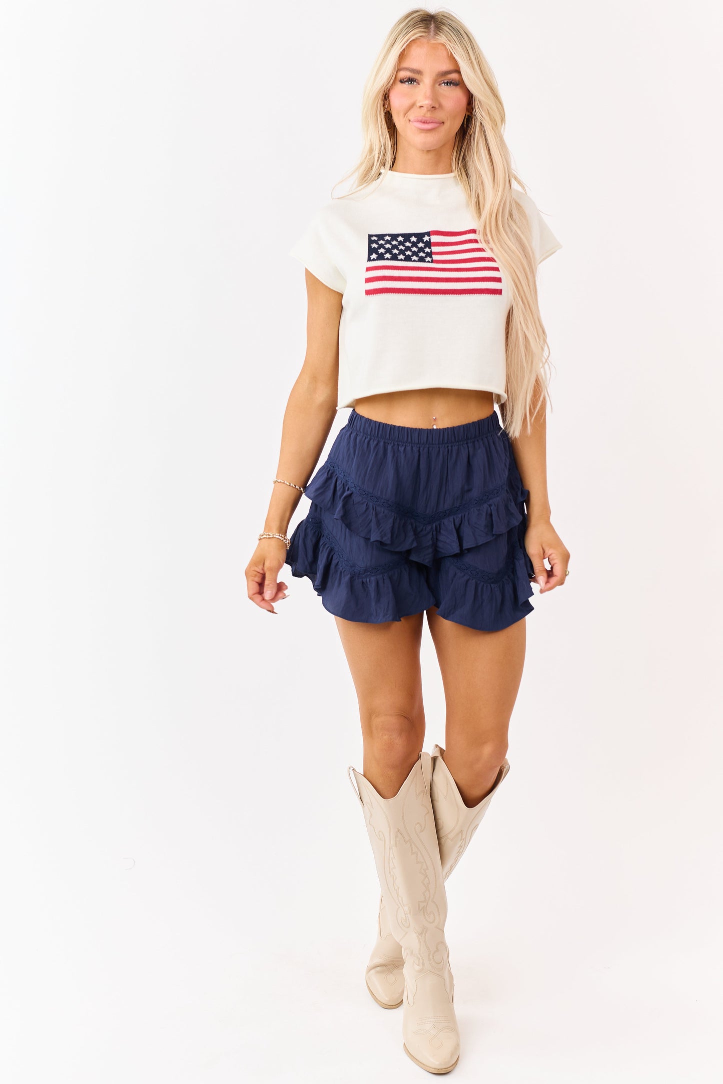 Cream American Flag Graphic Short Sleeve Top