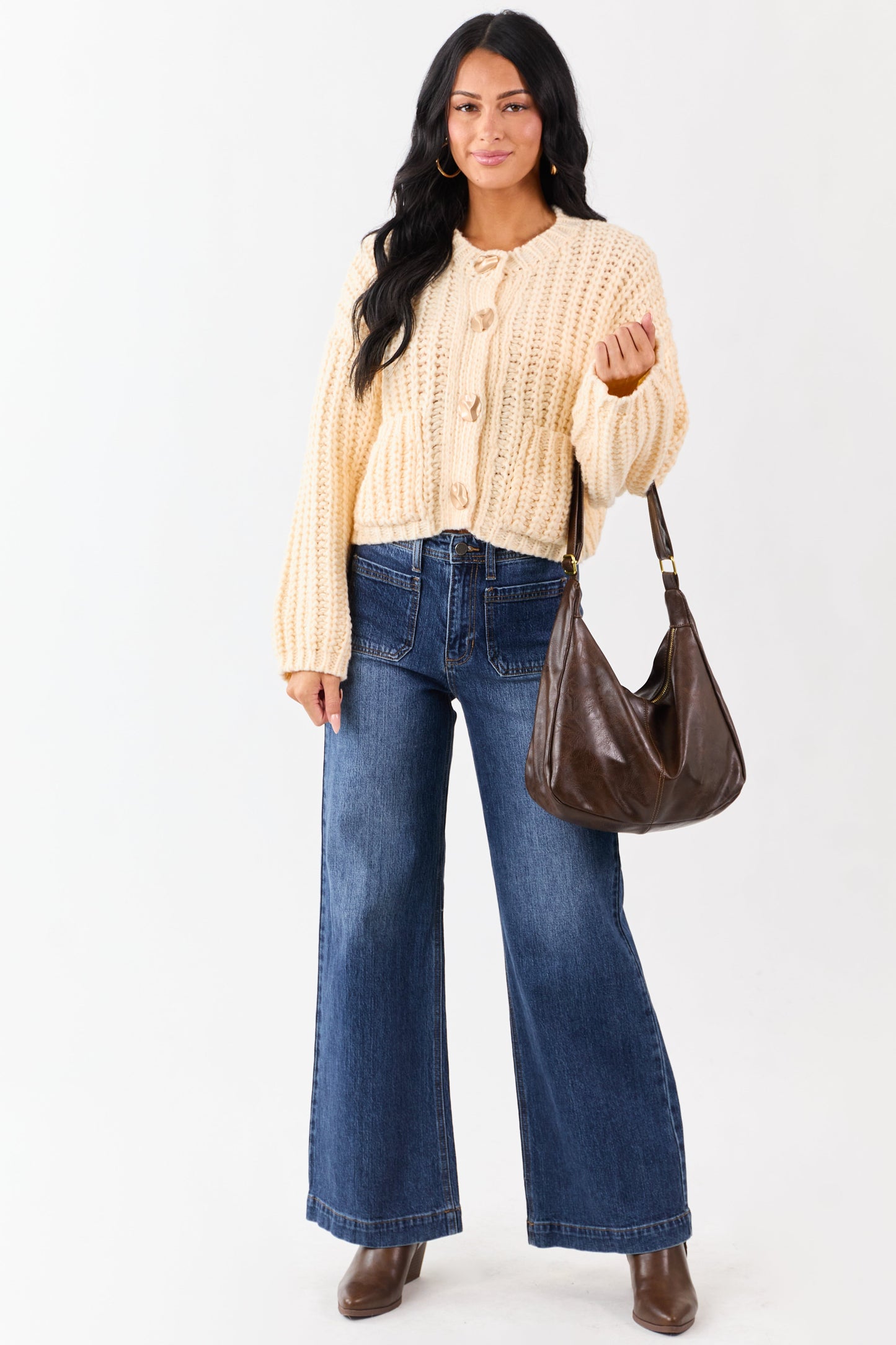 Cream Chunky Rib Knit Button Down Sweater Cardigan