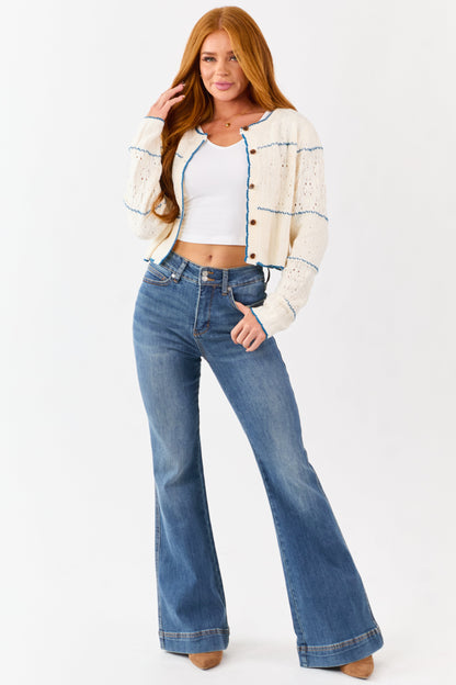 Cream Contrast Stitch Pointelle Button Up Cardigan