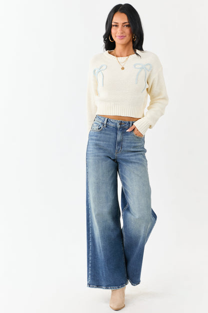 Cream Crochet Knit Bow Detail Crop Sweater