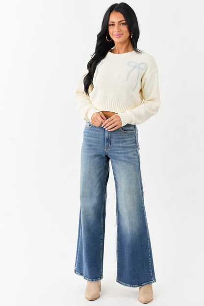 Cream Crochet Knit Bow Detail Crop Sweater