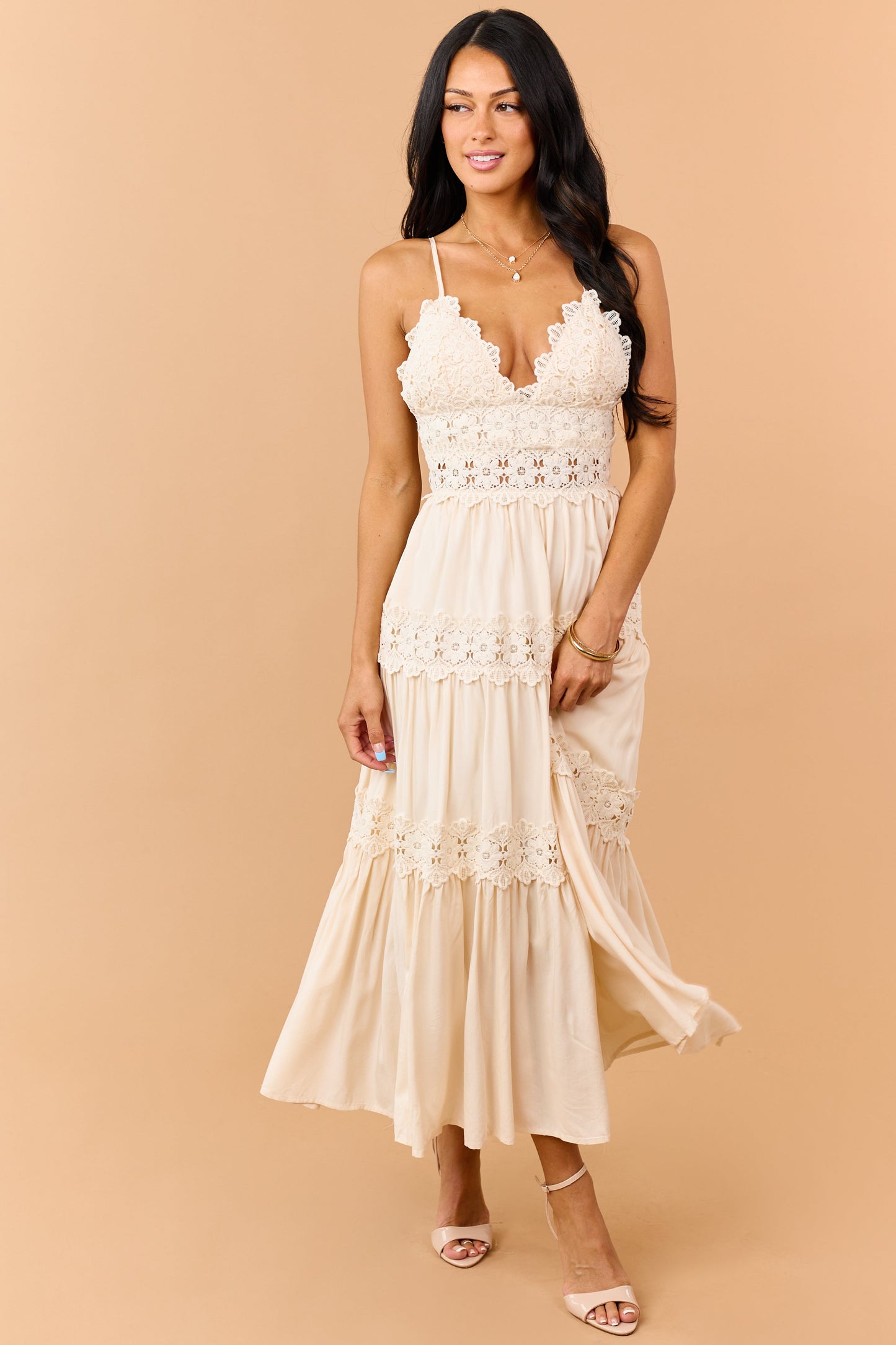 Cream Crochet Lace Open Back Tiered Maxi Dress