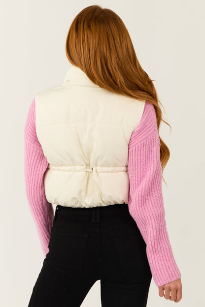 Cream Cropped Zip Up Padded Puffer Vest with Tie