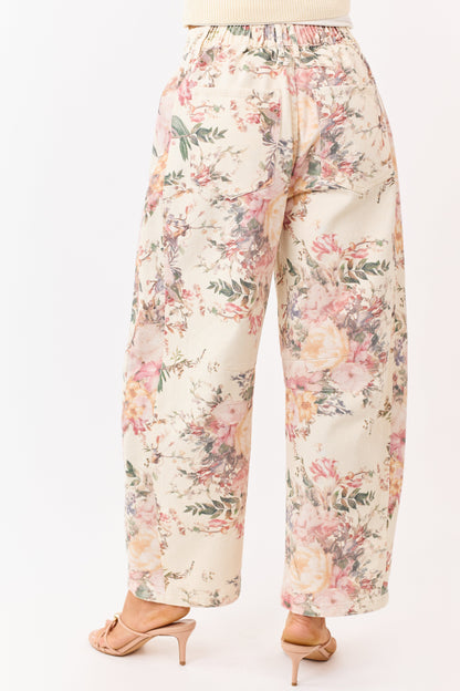 Cream Floral Print Elastic Waist Barrel Jeans
