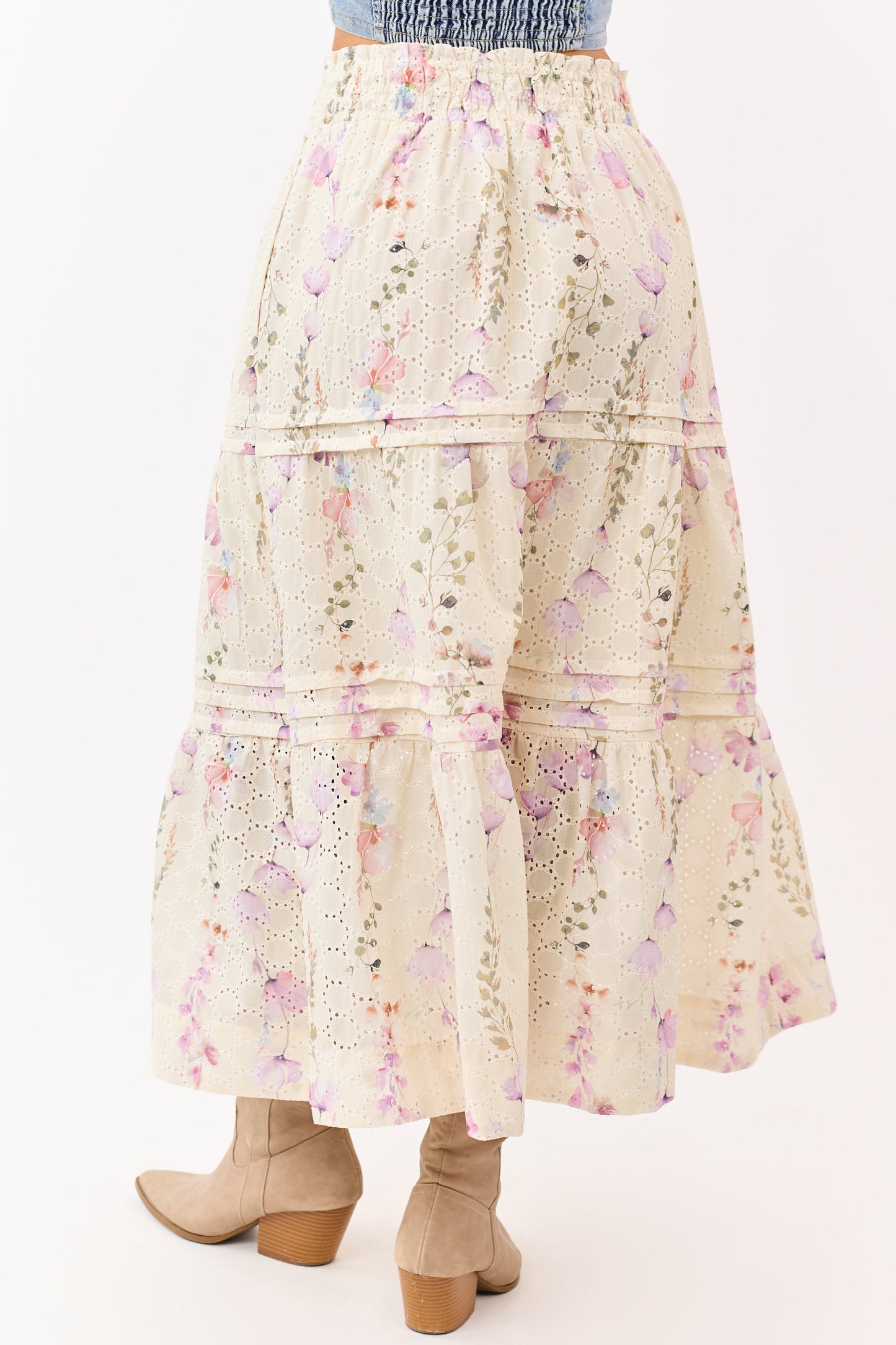 Cream Floral Print Eyelet Tiered Midi Skirt
