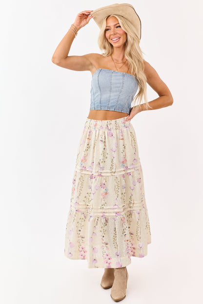 Cream Floral Print Eyelet Tiered Midi Skirt