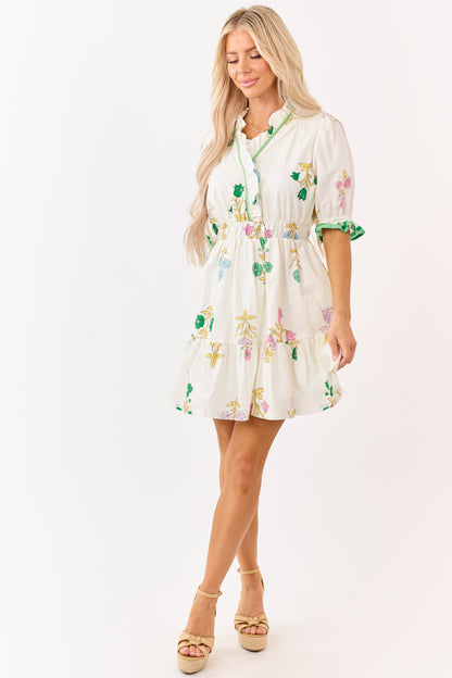Cream Floral Print Puff Sleeve Cotton Mini Dress