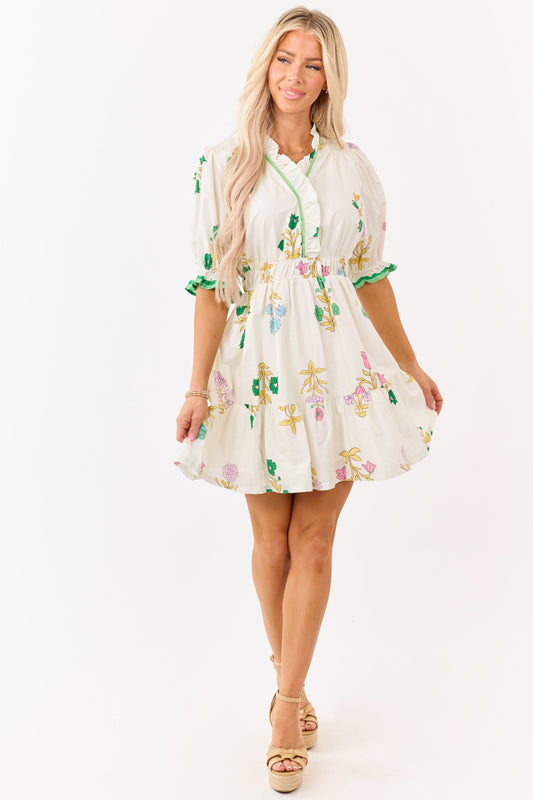 Cream Floral Print Puff Sleeve Cotton Mini Dress