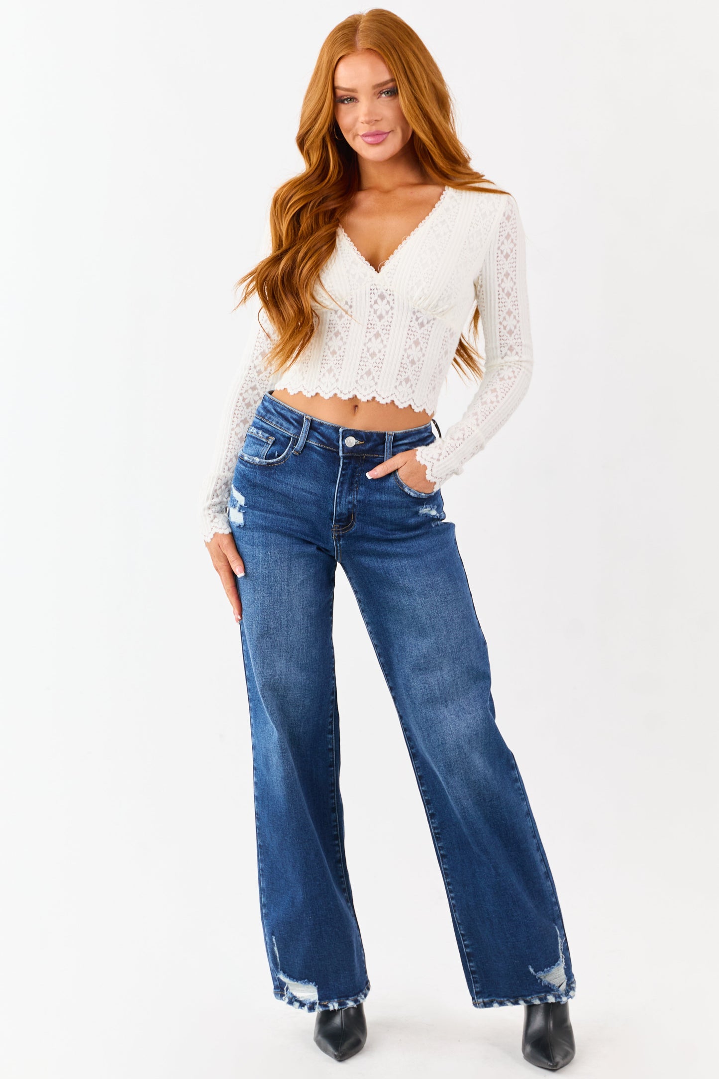 Cream Fuzzy Knit Lace V-Neck Fitted Top