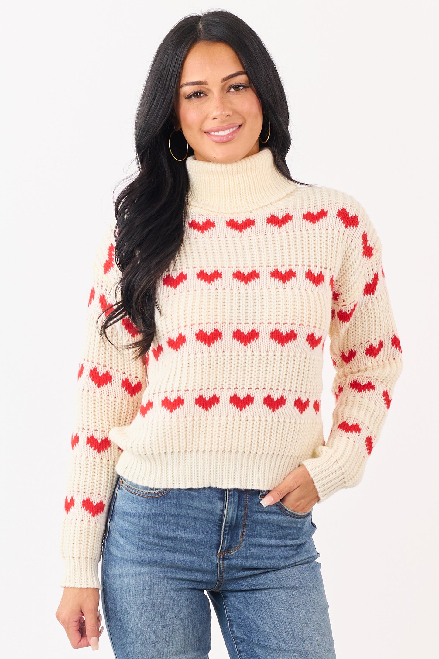 Cream Heart Print Turtleneck Long Sleeve Sweater