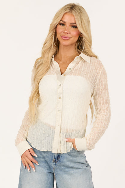 Cream Mesh Lace Long Sleeve Button Up Rhinestone Top