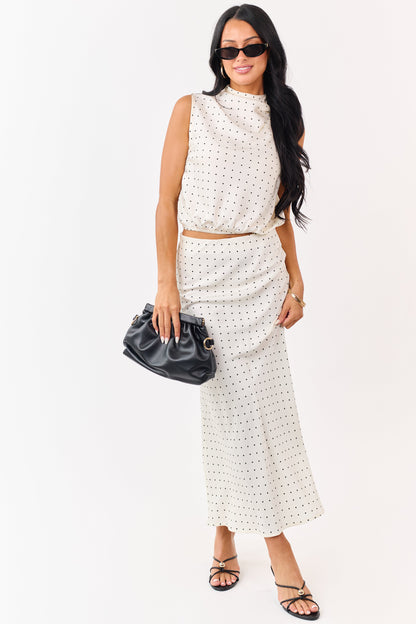 Cream Satin Polka Dot Elastic Waistband Midi Skirt