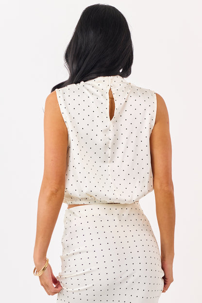 Cream Satin Polka Dot High Neck Sleeveless Top