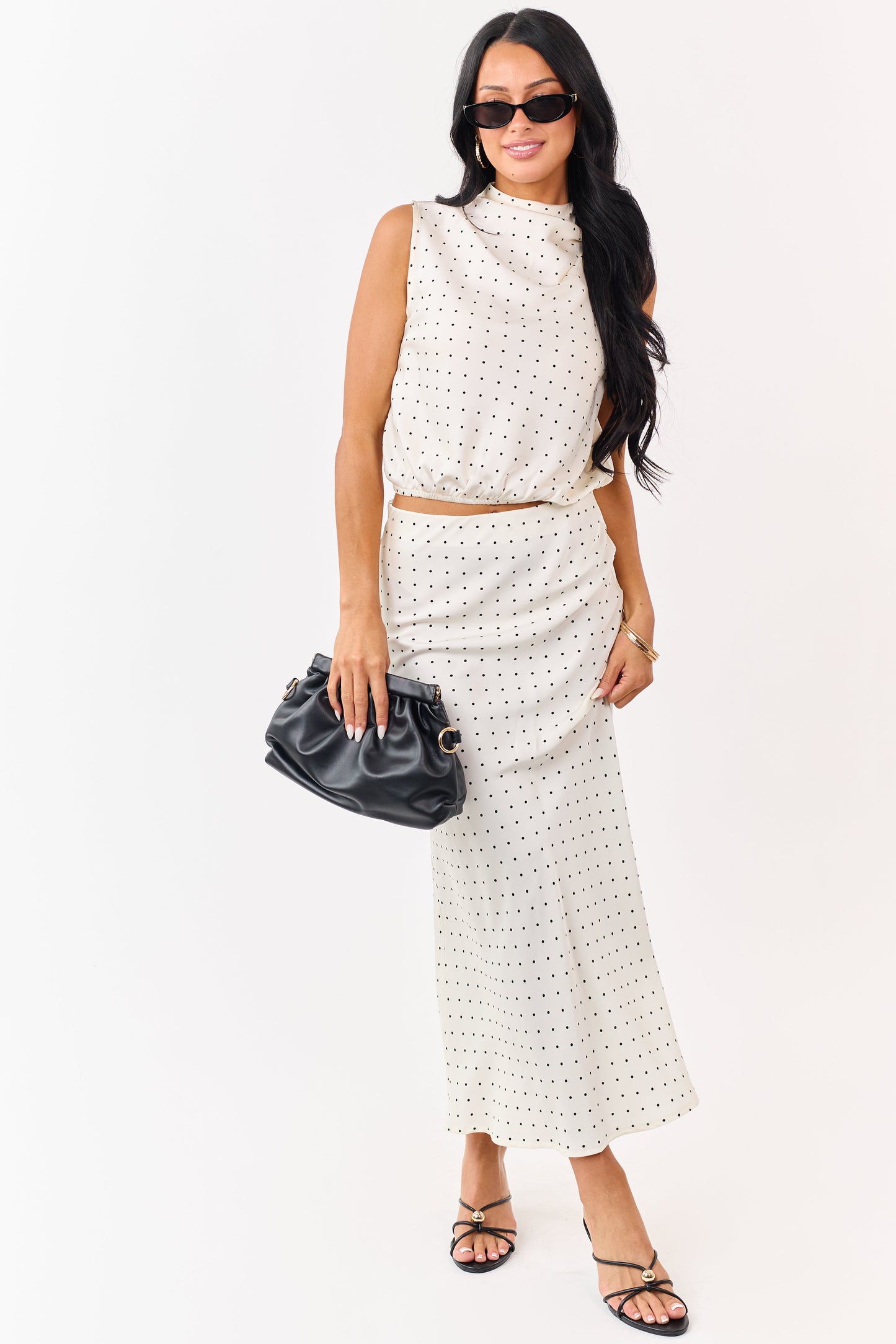 Cream Satin Polka Dot High Neck Sleeveless Top