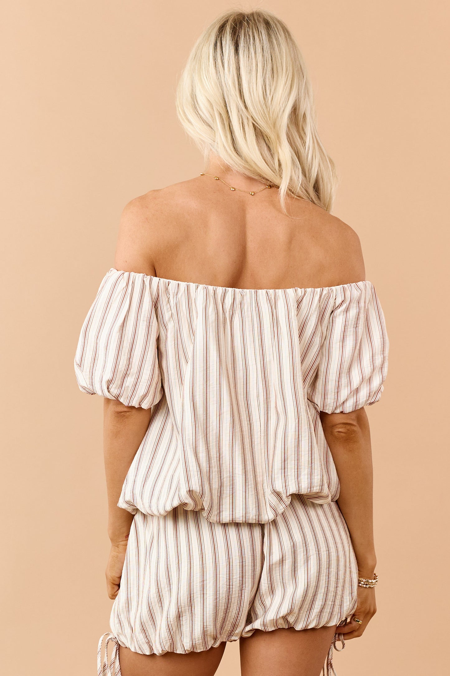 Cream Striped Bubble Hem Off Shoulder Top