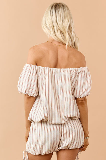 Cream Striped Bubble Hem Off Shoulder Top
