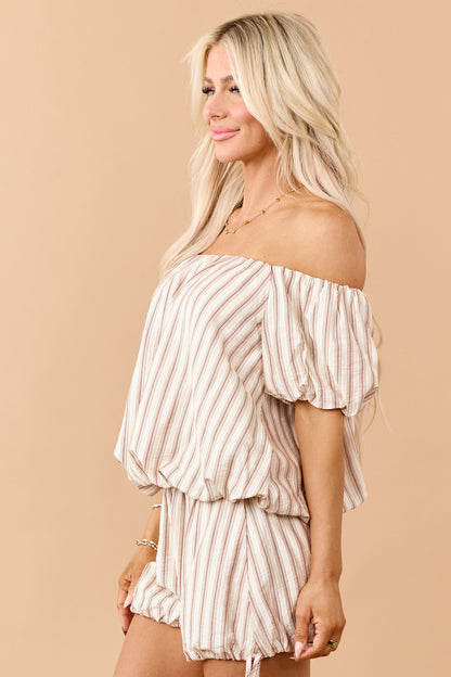 Cream Striped Bubble Hem Off Shoulder Top